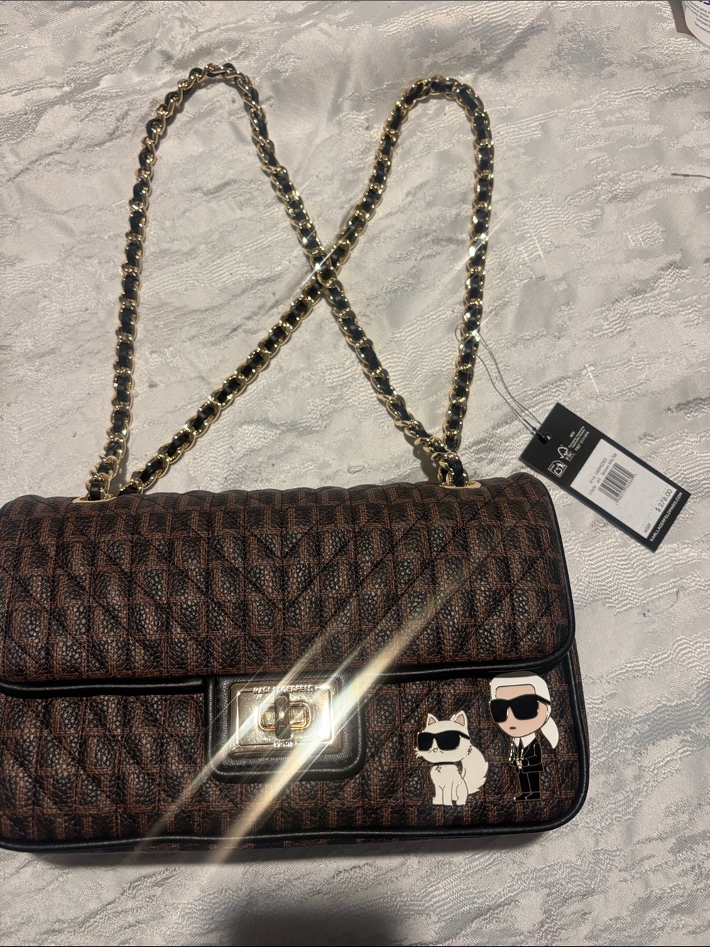 Karl Lagerfeld Brown Quilted Crossbody Shoulder Bag with Gold Chain